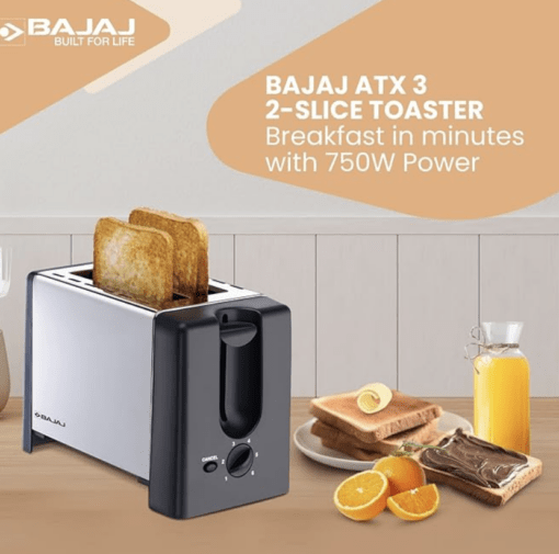 Bajaj ATX 3 750-Watt Pop-up Toaster | 2-Slice Automatic Pop up Toaster| Dust Cover & Slide Out Crumb Tray | 6-Level Browning Controls | 2 Year Warranty by Bajaj | Black/Silver Electric Toaster - Image 2